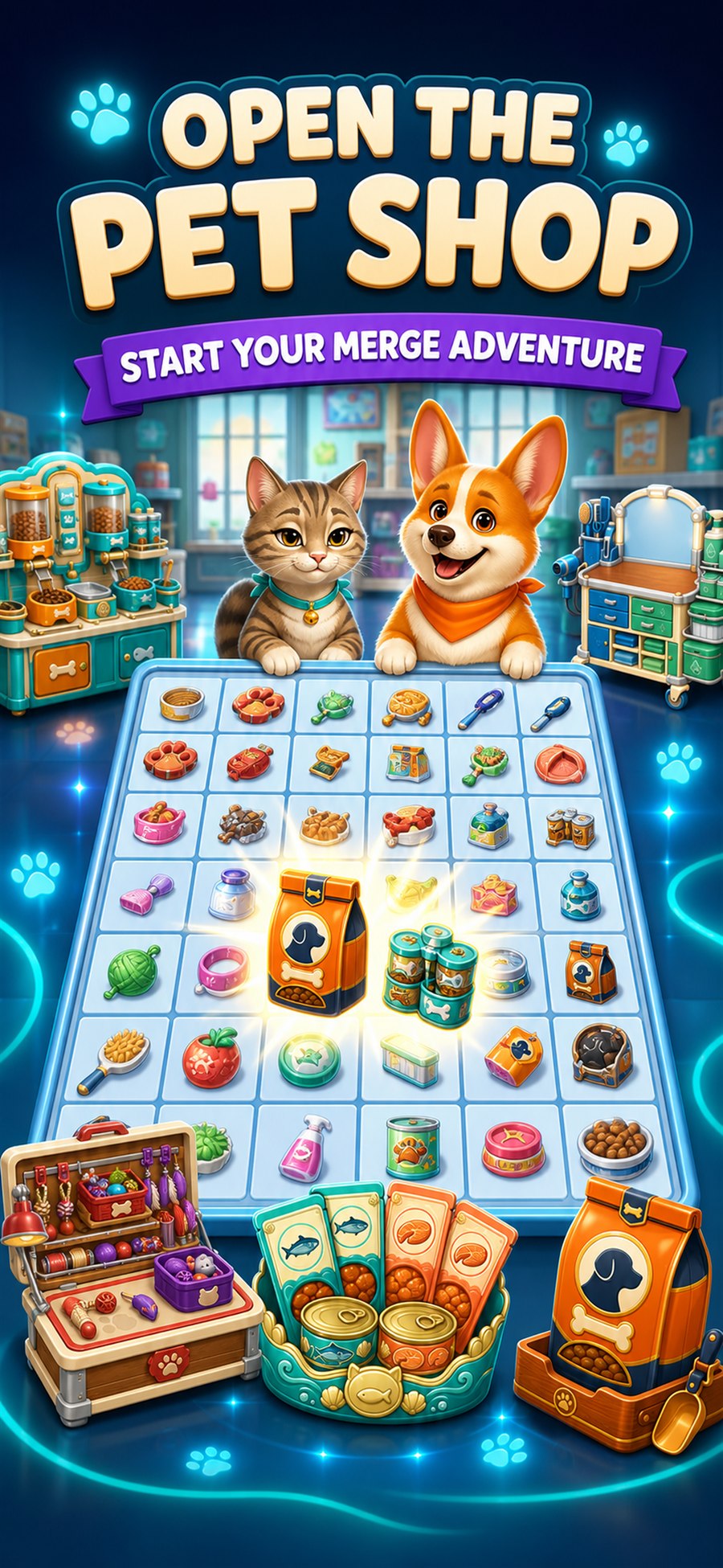 Pet Store Merge board filled with pet food, toys, and grooming supplies