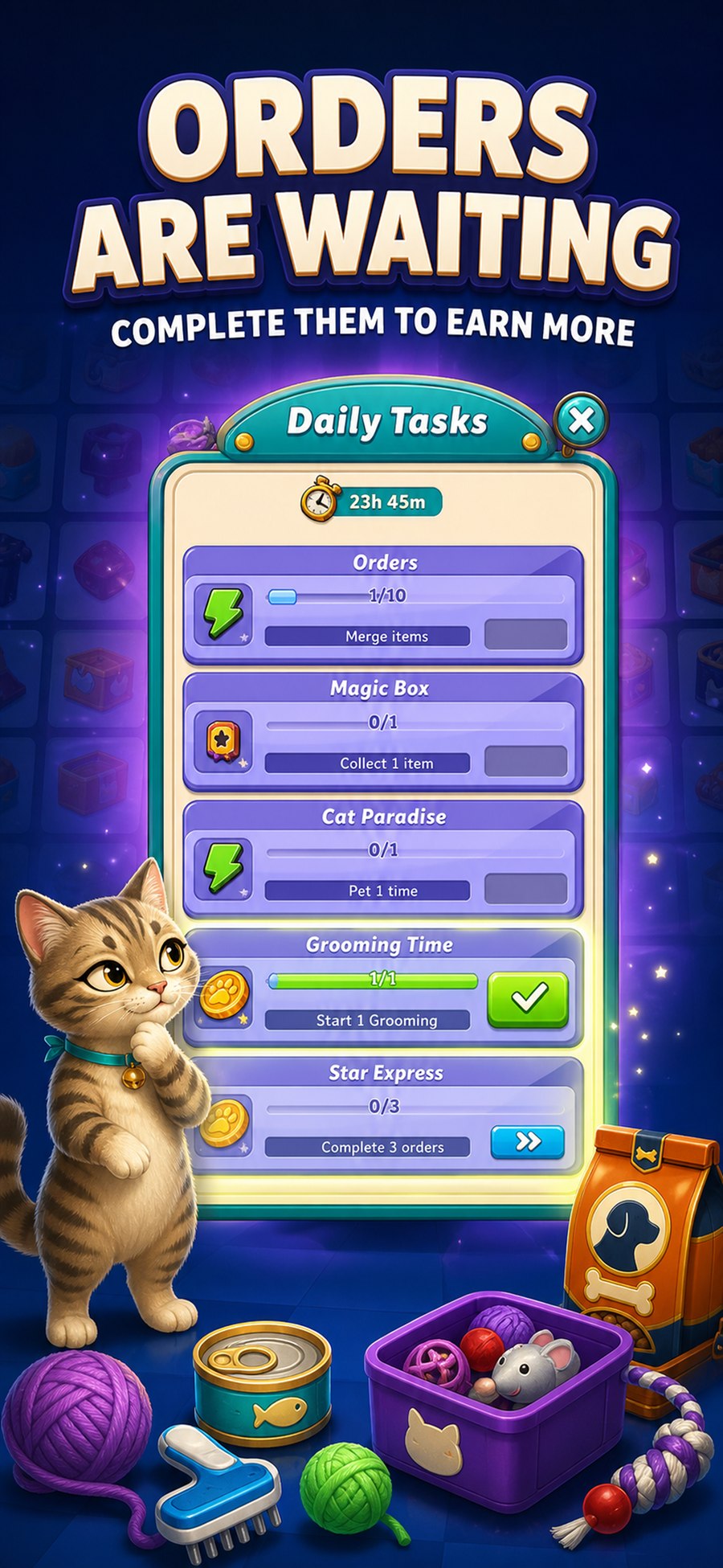 Daily tasks and pet shop orders with progress and rewards