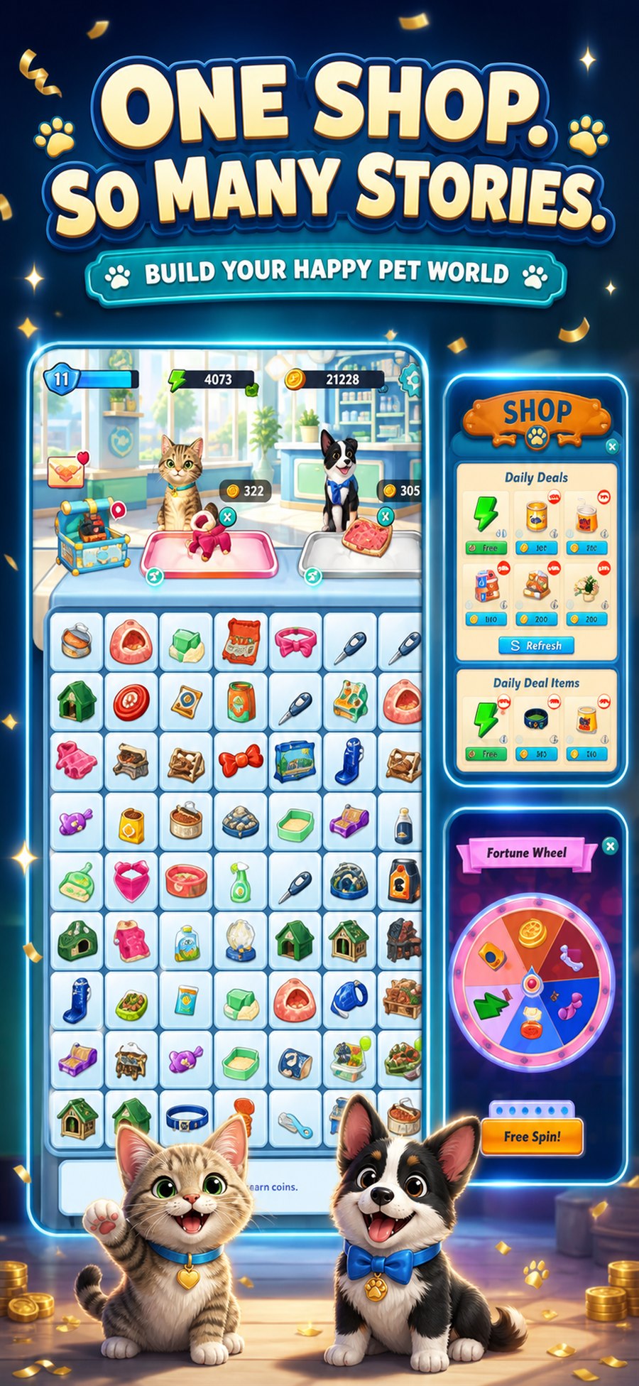 A lively Pet Store Merge shop with the merge board, daily deals, fortune wheel, and pet characters